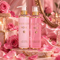 Duo Amourah Rose : lait corps hydratant et brume parfumée 250 ml, bouteilles rose pâle et détails dorés, parfum floral