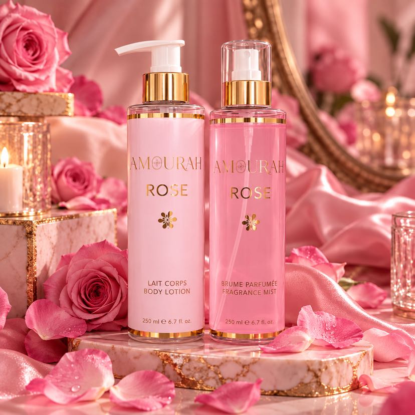 Duo Amourah Rose : lait corps hydratant et brume parfumée 250 ml, bouteilles rose pâle et détails dorés, parfum floral