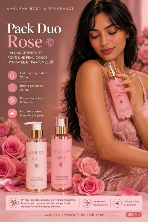 Pack Duo Rose Amourah, lait corps et brume parfumée 250 ml, parfum floral frais et féminin