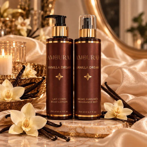 Duo Amourah Vanilla Dream : lait corps hydratant et brume parfumée 250 ml, bouteilles marron et détails dorés, parfum vanillé