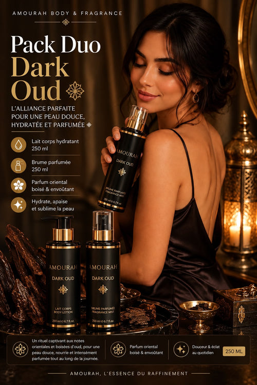 Pack Duo Dark Oud Amourah, lait corps et brume parfumée 250 ml, parfum oriental boisé et envoûtant