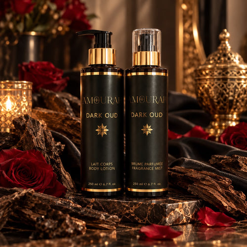 Duo Amourah Dark Oud : lait corps hydratant et brume parfumée 250 ml, bouteilles noir mat et détails dorés, notes boisées d'oud
