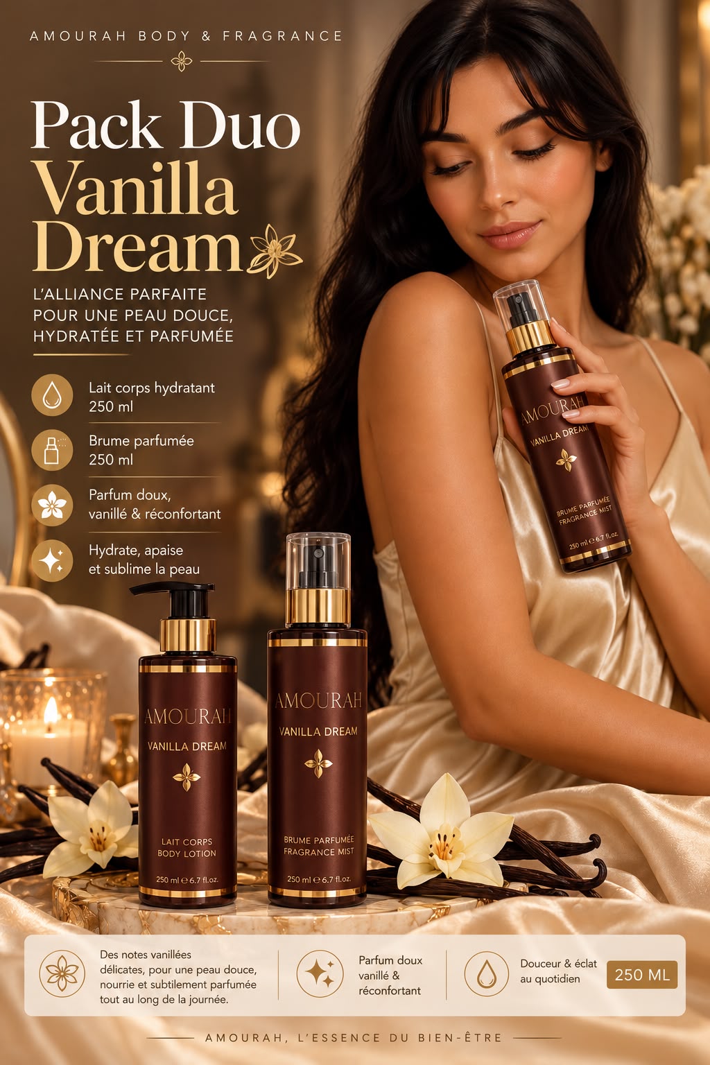 Pack Duo Vanilla Dream Amourah, lait corps et brume parfumée 250 ml, parfum doux et vanillé, mannequin